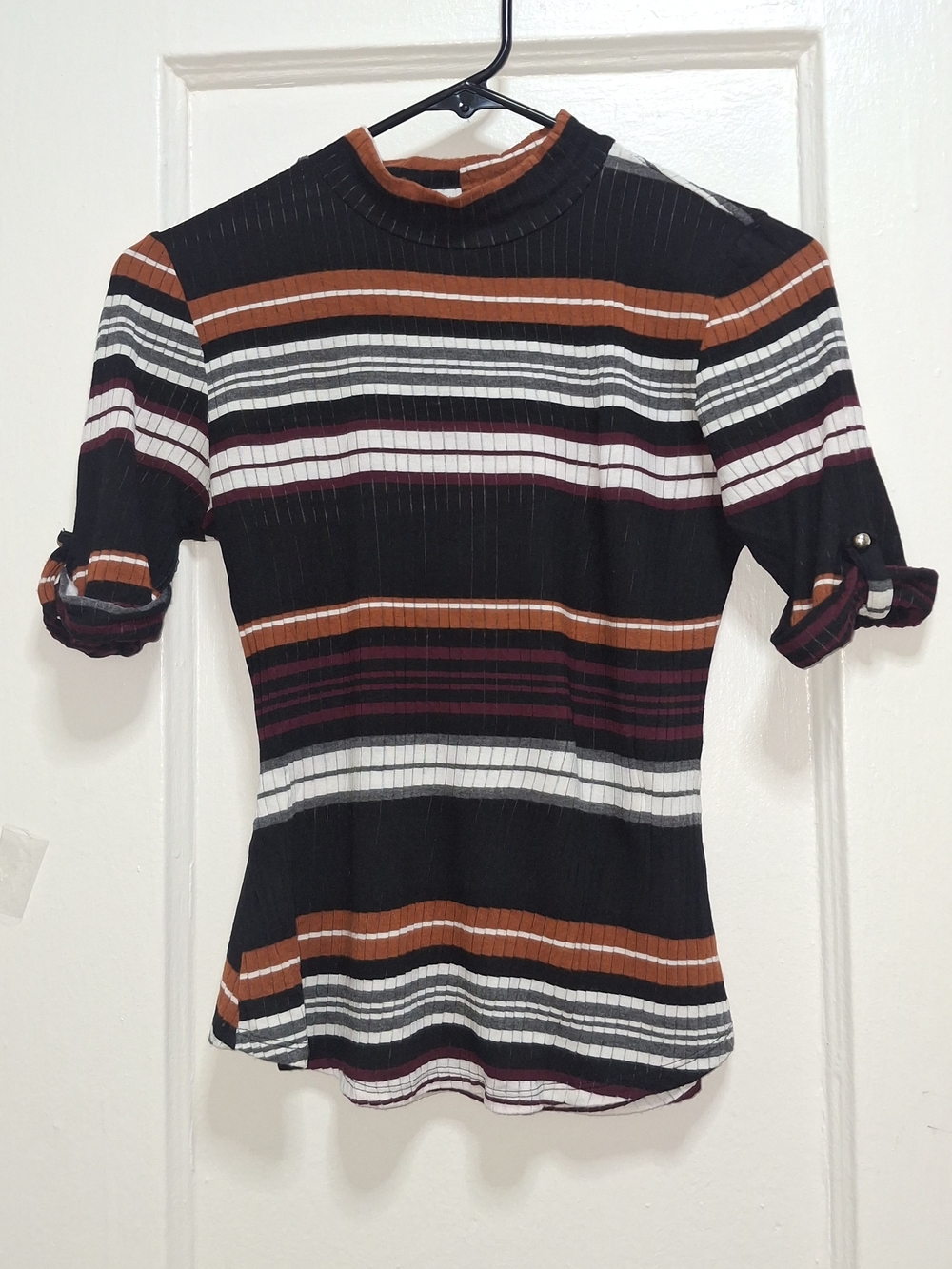 Mine Women’s Ribbed Striped Mock Neck Top Size M Roll Tab Sleeves